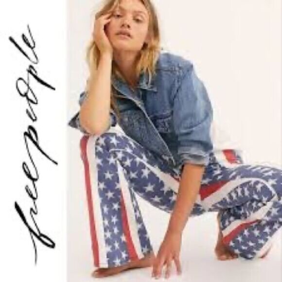 Rare Free People Stars and Stripes pull on Penny Flares Womens Sz 27 - Picture 1 of 12